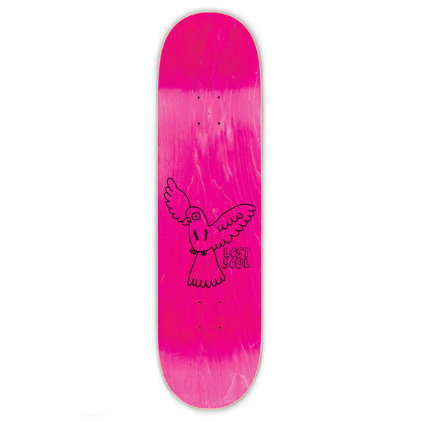 Pink skateboard deck from Lost Soul Skateboards featuring a black outline of a bird with outstretched wings and the text "Lost Soul" on the lower right side, designed by Irving Juarez. This model is known as LOST SOUL RAY GURZ MONSTERS.