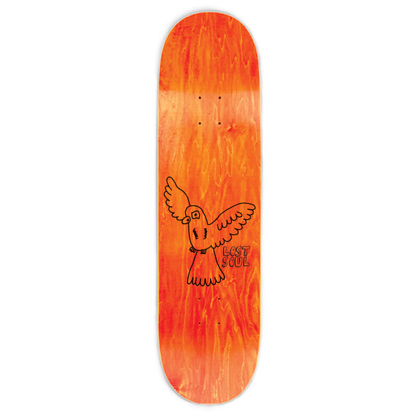 A skateboard deck with an orange and red gradient background, featuring a black outline drawing of a bird and the text "LOST SOUL TYLER ZOSKY MONSTERS" by Lost Soul Skateboards.