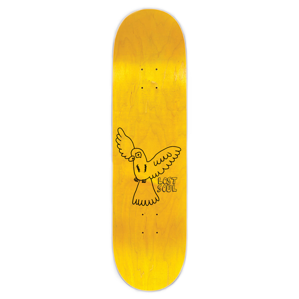 Introducing the LOST SOUL IRVING JUAREZ MONSTERS skateboard deck by Lost Soul Skateboards, featuring a vibrant yellow design with an illustrated bird holding a key. Adorned with the screen-printed text "Lost Soul" on the side and the iconic LOST SOUL METAL LOGO, this limited batch piece is perfect for both collectors and avid skaters.