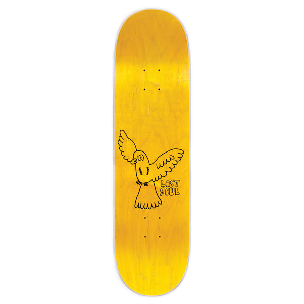 Introducing the LOST SOUL IRVING JUAREZ MONSTERS skateboard deck by Lost Soul Skateboards, featuring a vibrant yellow design with an illustrated bird holding a key. Adorned with the screen-printed text "Lost Soul" on the side and the iconic LOST SOUL METAL LOGO, this limited batch piece is perfect for both collectors and avid skaters.