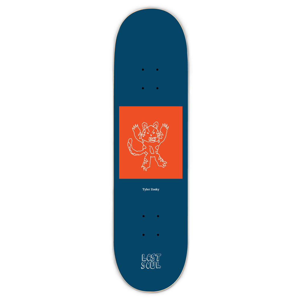 A skateboard by Lost Soul Skateboards with a navy blue deck, featuring an orange square with a white line drawing of a cat-like creature by MonstersMade. The name "Tyler Zonty" is printed below the artwork, with "LOST SOUL" elegantly displayed at the tail.