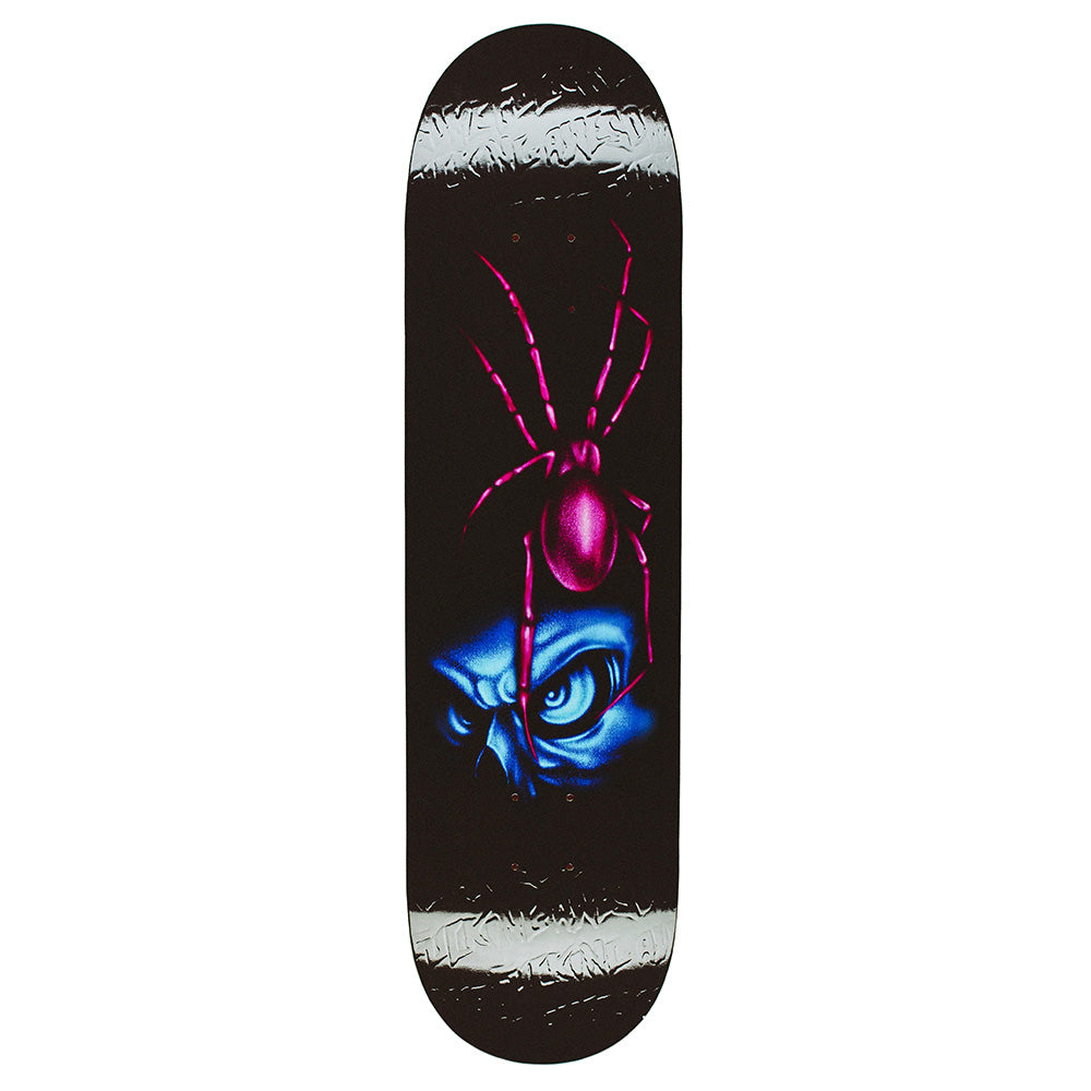 Skateboard deck with a spider and eye design on a black background