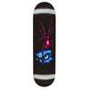 Skateboard deck with a spider and eye design on a black background