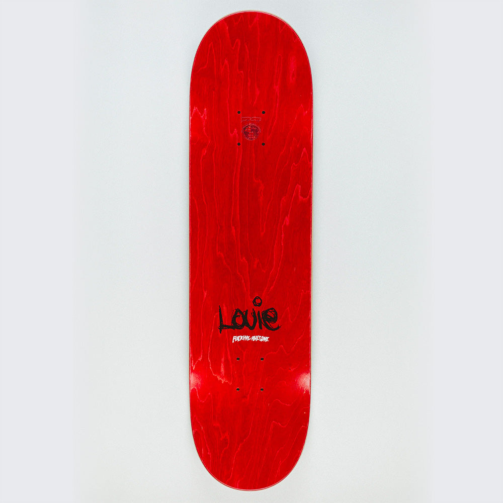 The top of the deck shown in a red stain variant with 'Louie' printed in a hand written style