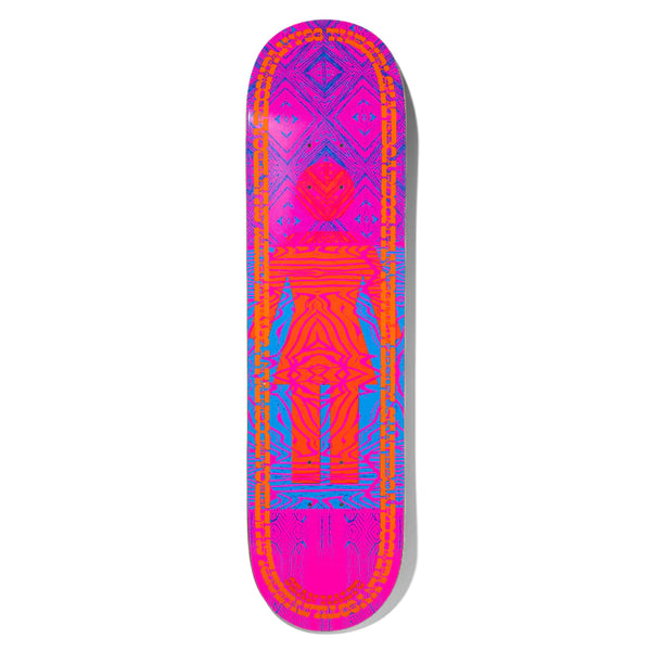 A GIRL MALTO VIBRATIONS OG skateboard with a pink and blue design on it.