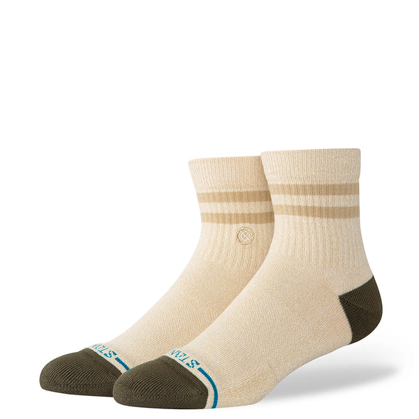 A pair of STANCE SOCKS MARLED STRIPE QUARTER IVORY LARGE from STANCE, featuring two light marled stripes near the top, dark green toes and heels, and blue text on the toe.