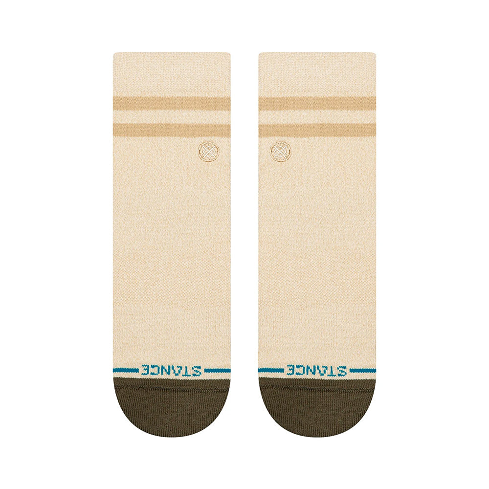 The STANCE SOCKS MARLED STRIPE QUARTER in ivory, size large, feature two marled stripes near the top, dark olive toes, and "STANCE" written in blue above the toe area.