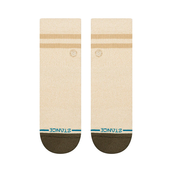 The STANCE SOCKS MARLED STRIPE QUARTER in ivory, size large, feature two marled stripes near the top, dark olive toes, and "STANCE" written in blue above the toe area.