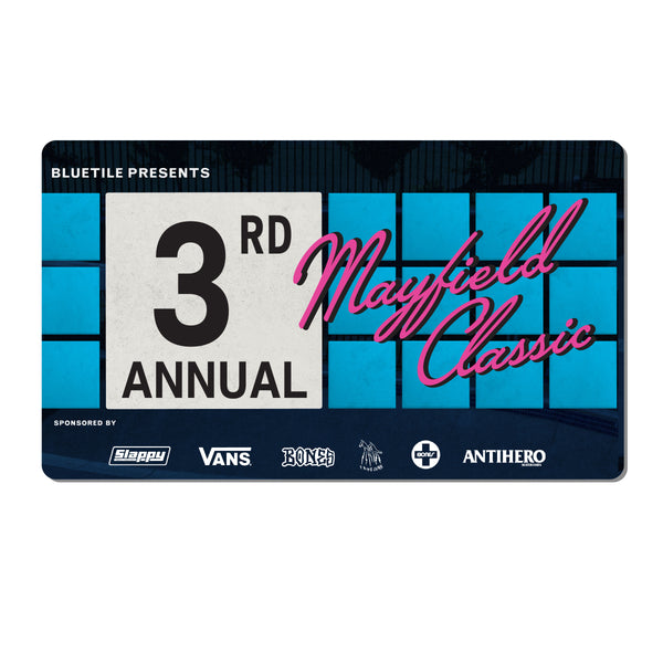A digital product showcasing the Bluetile Skateboards Mayfield Classic Registration event, featuring a card with the words 'Mayfield Annual Classic' prominently displayed.