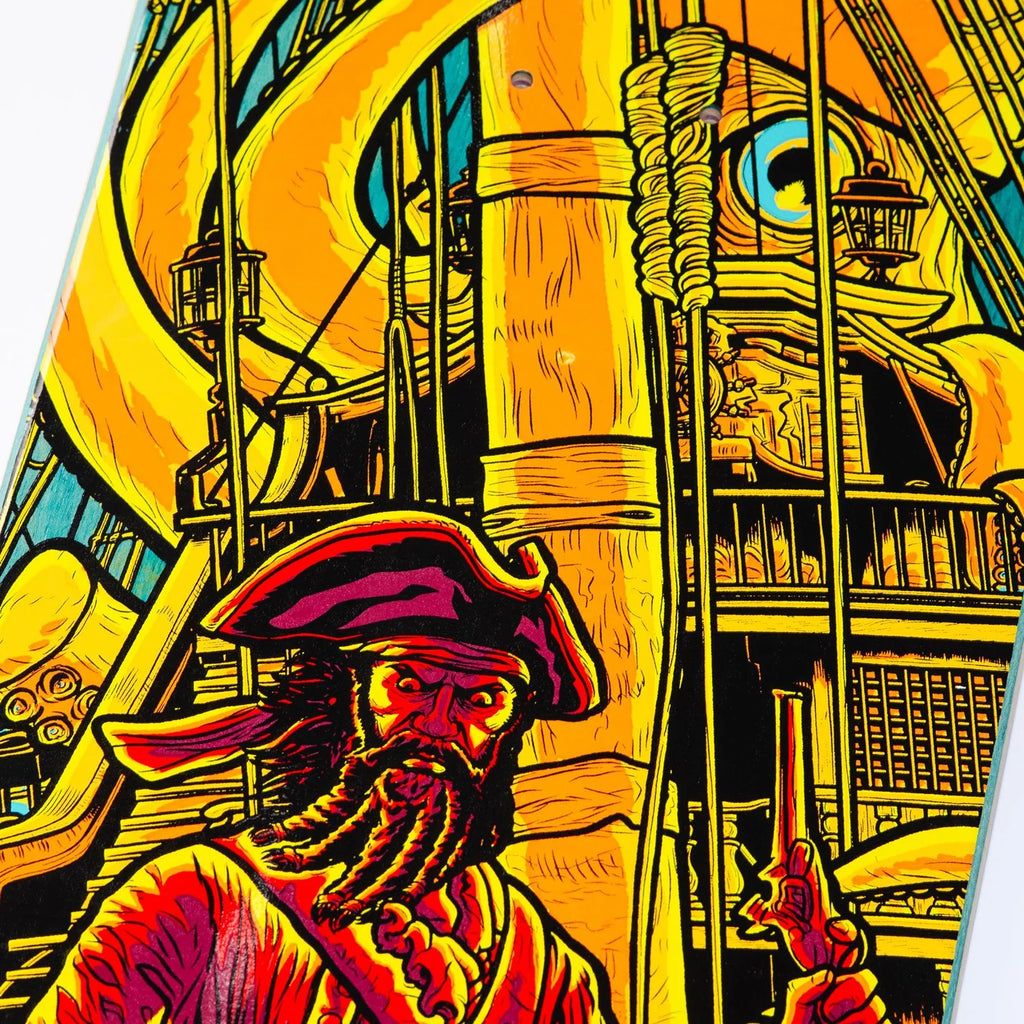 A close up of a screen-printed pirate on a skateboard deck.