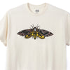 A cream Metal t-shirt with a yellow and black butterfly on it, called the Metal Moth Tee Cream.