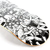 A METAL skateboard with black and white drawings on it.