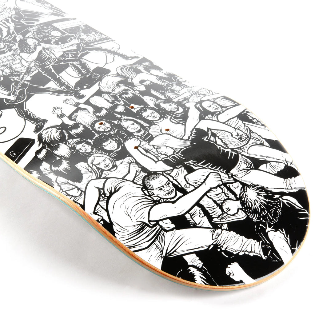 A METAL skateboard with black and white drawings on it.