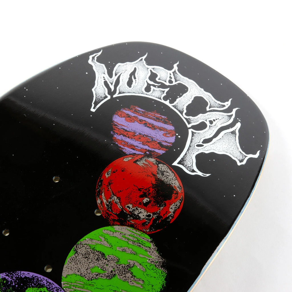 A METAL skateboard with an image of planets on it.