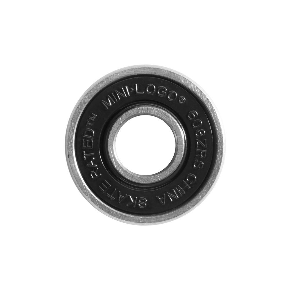 A close-up of MINI LOGO BEARINGS 8-COUNT shows the engraved MINI LOGO branding, Skate Rated™ specs, and a black high performance casing.