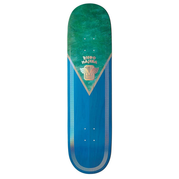 The MONARCH DIEGO NAJERA ATELIER R7 by POPWAR features a green top, blue bottom, geometric design, and Diego Najera's name with a center logo—ideal for POPWAR fans and skateboarding enthusiasts.