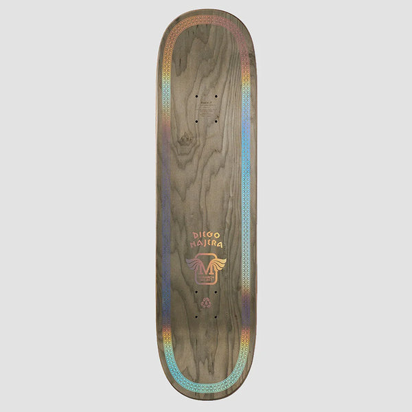 The POPWAR MONARCH DIEGO NAJERA ATELIER R7 skateboard deck features a natural wood finish, multicolored border, and "Diego Najera" text above a unique graphic—ideal for skate fans or collectors of POPWAR designs.