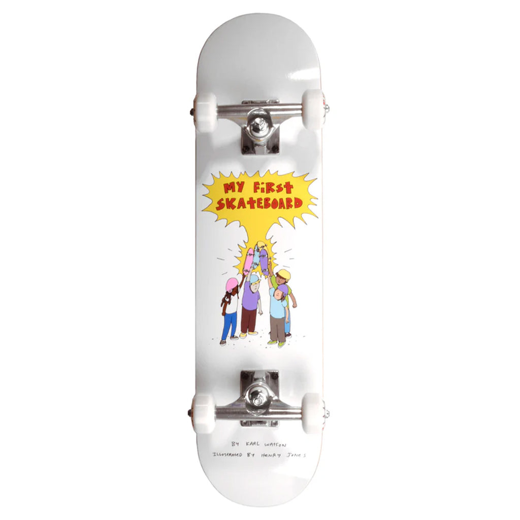 Check out the KARL WATSON MY FIRST SKATEBOARD FRIENDS MINI COMPLETE! Designed for kids, this white skateboard features skaters in helmets and inspires young riders to start their skateboarding journey safely and stylishly.