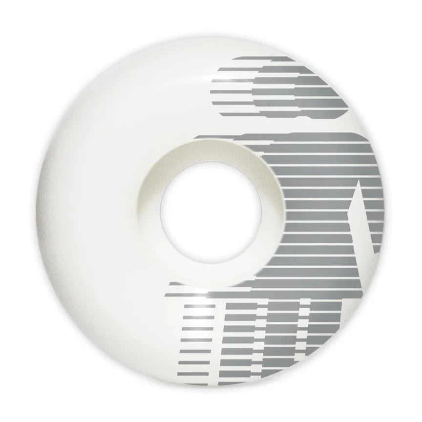 A white GIRL skateboard wheel with an image of a girl.