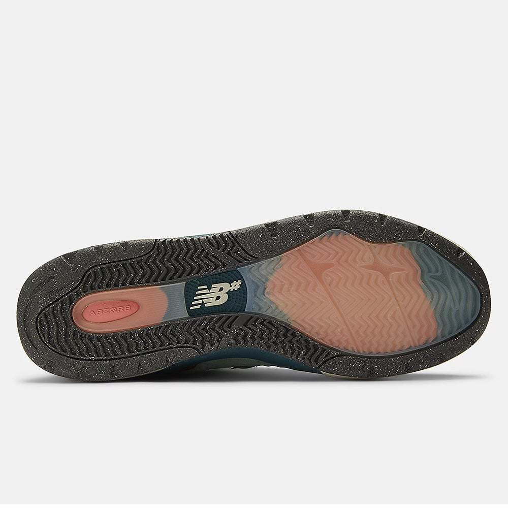 The NB NUMERIC REYNOLDS 933 MUSHROOM / NEW SPRUCE skate shoe features a black, pink, and translucent rubber outsole with a visible NB logo, textured tread pattern, and supportive ABZORB midsole.