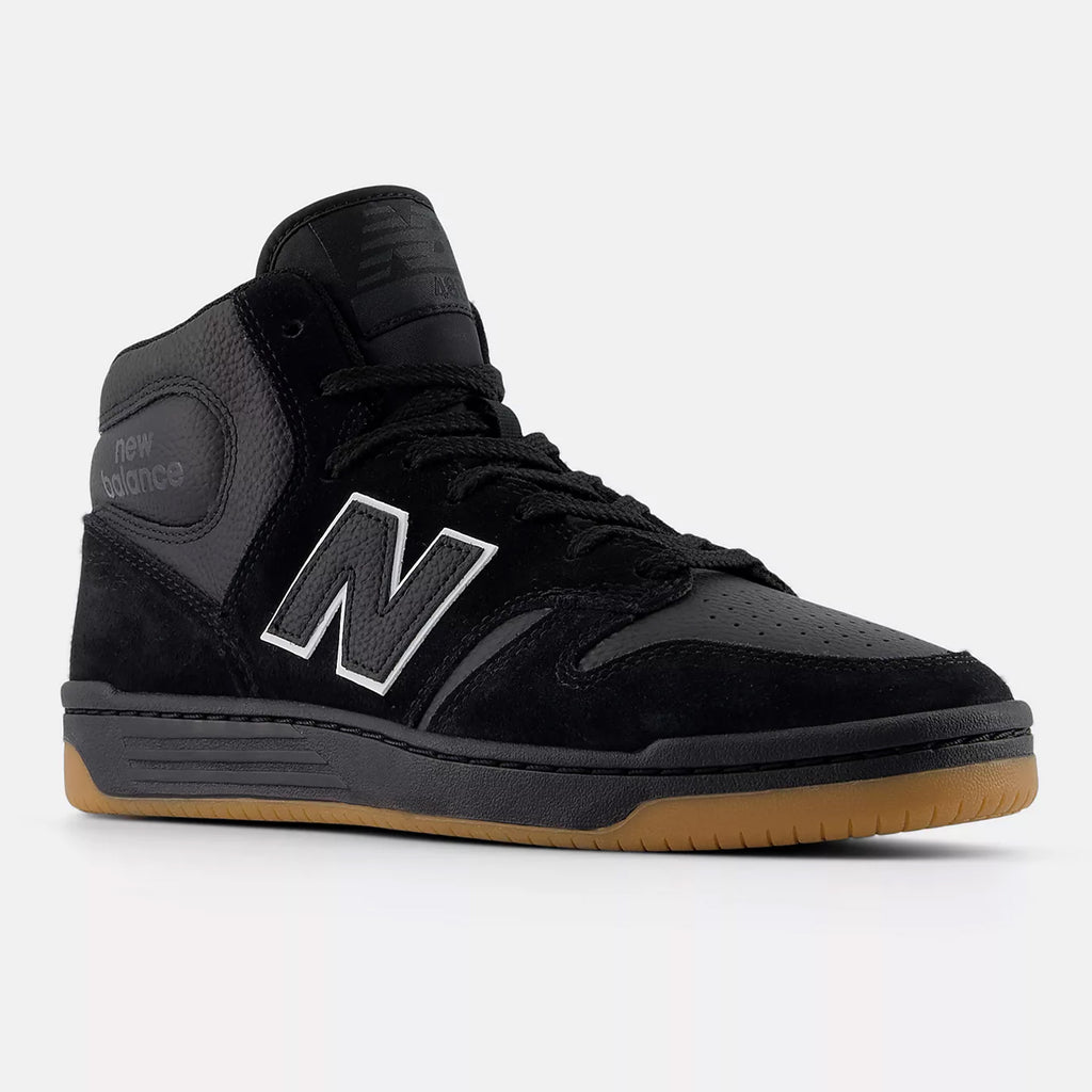 A black NB NUMERIC NB NUMERIC 480 HIGH BLACK / GUM high-top sneaker with a suede and leather finish, a large "N" logo on the side, and a gum rubber sole. Perfect for skaters who appreciate hightop heritage styles.