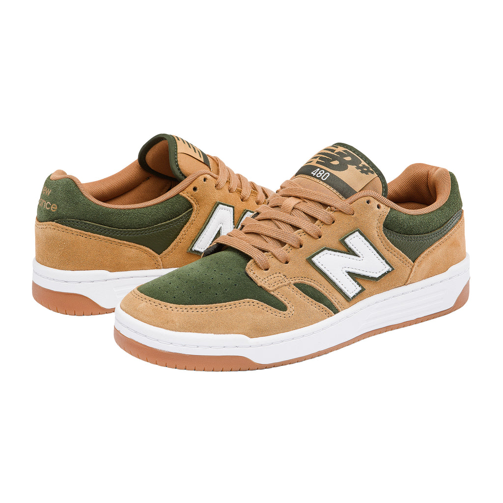 NB Numeric 480 Suede Tan/Green men's shoes by NB Numeric in tan and white.