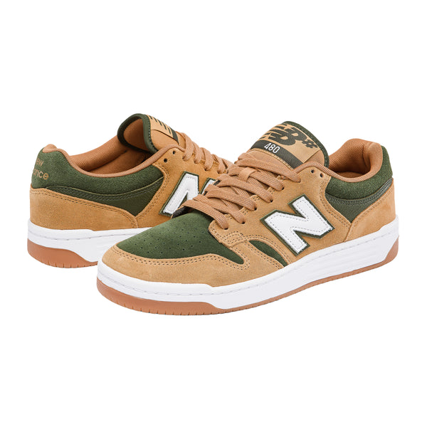 NB Numeric 480 Suede Tan/Green men's shoes by NB Numeric in tan and white.