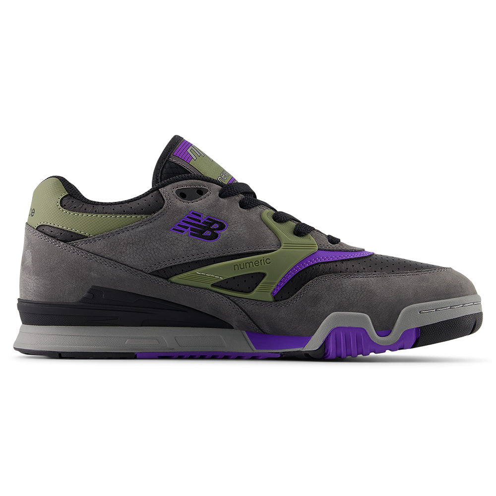 The NB Numeric 770 in grey/black/purple features a low-top design, black laces, rubber sole, and responsive FuelCell foam for comfort.