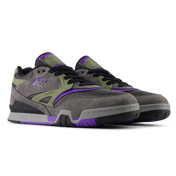 A pair of NB NUMERIC 770 skate shoes in grey, black, and purple with black laces and FuelCell foam cushioning, shown on a white background.