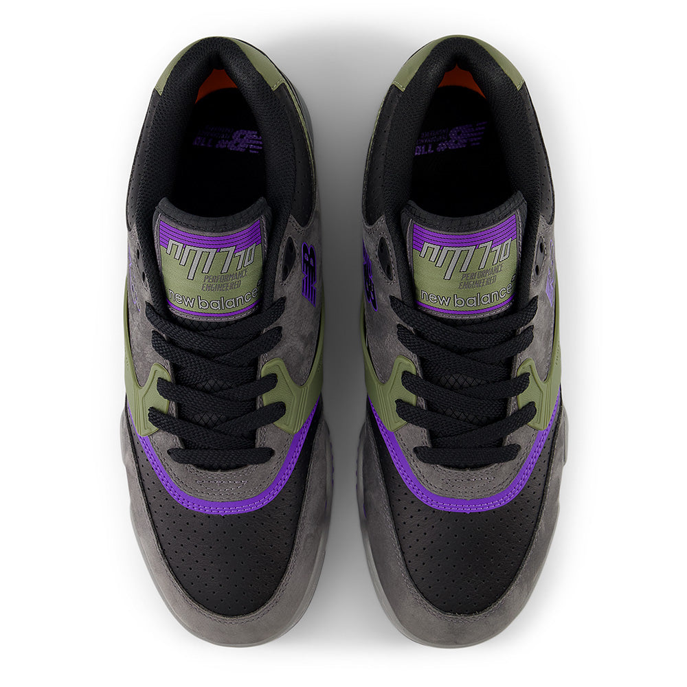Top view of NB NUMERIC 770 skate shoes in grey, black, and purple by NB NUMERIC, featuring perforated toes and black laces.