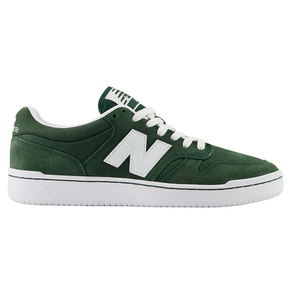Side view of a green NB Numeric 480 Forest Green / White sneaker with a white "n" logo and a white sole featuring ABZORB in-sole.