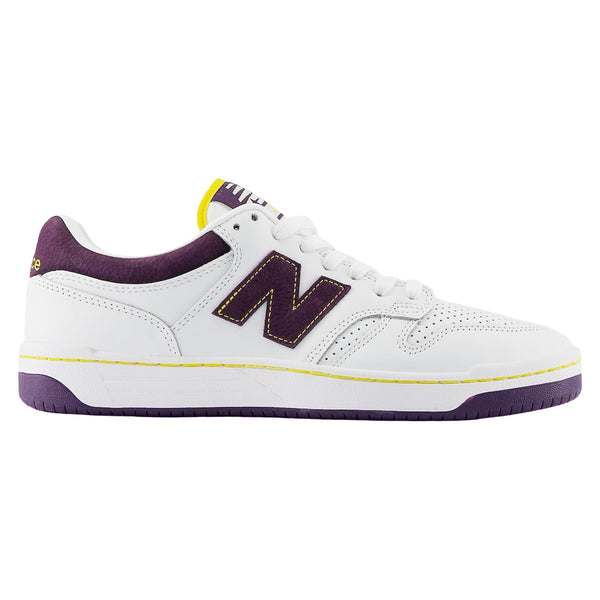 NB NUMERIC 480 WHITE / PURPLE hightop basketball shoes with yellow detailing, displayed against a white background.