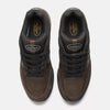 A pair of NB NUMERIC REYNOLDS 933 sneakers in brown/black, viewed from above, with black laces, brand logos on the tongues and insoles, and a cushioned ABZORB midsole for all-day comfort.