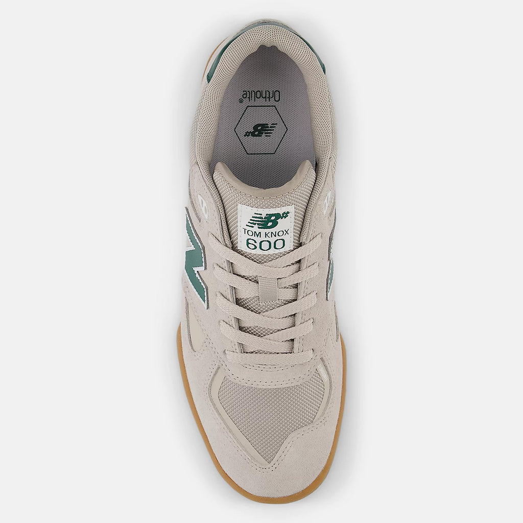 Top view of a Timber Wolf and Forest Green sneaker from the NB Numeric Knox 600 line.