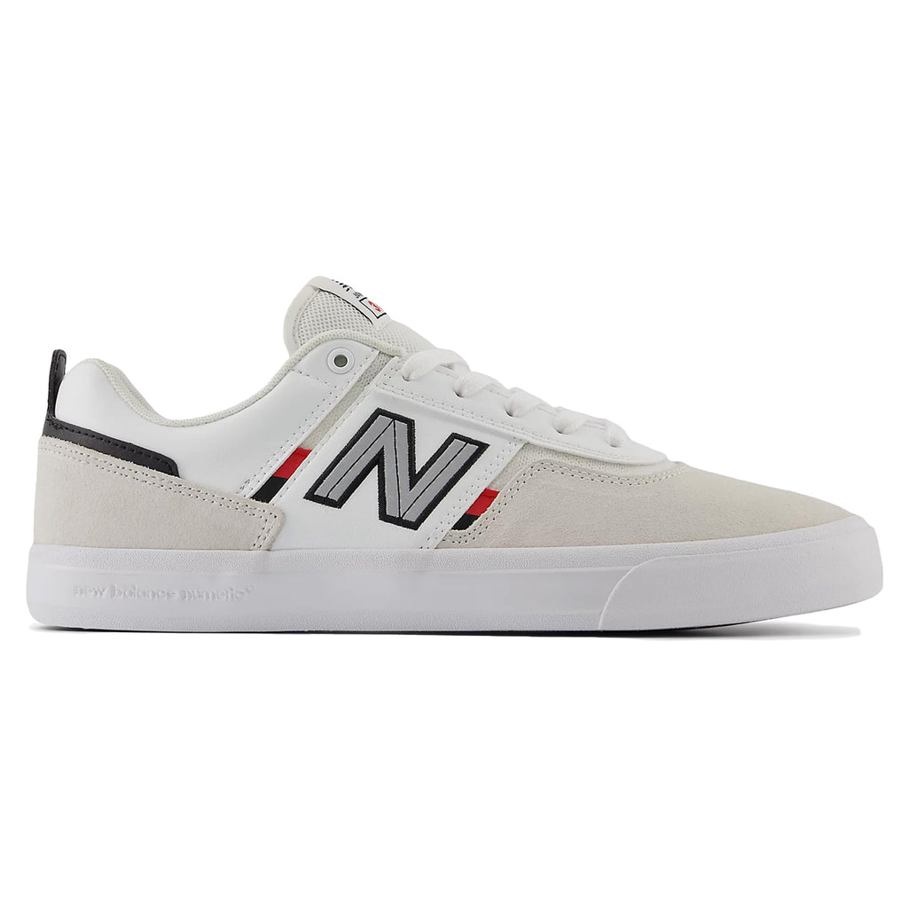 Side view of a white NB NUMERIC NB NUMERIC FOY 306 WHITE / RED sneaker with black and red accents, featuring a black "N" logo and a white rubber sole—a durable skate shoe that's also Jamie Foy's pro model.