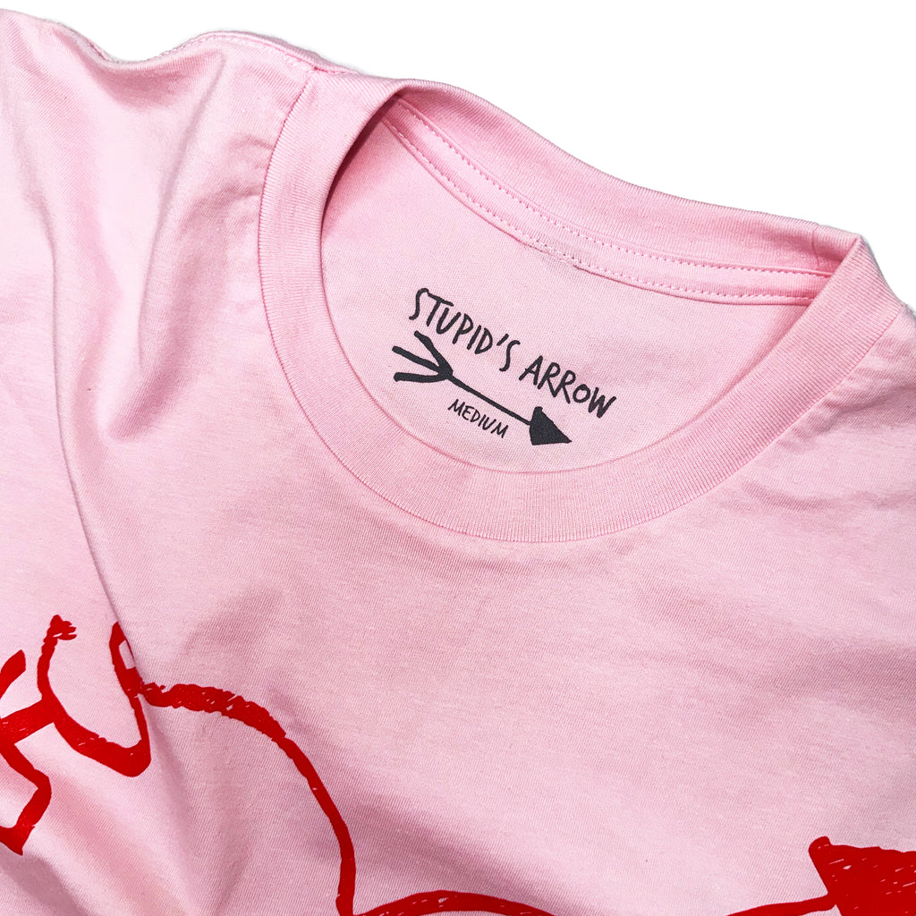 A Bluetile Skateboards "STUPID'S ARROW" tee in pink, perfect for skateboarding enthusiasts looking for a unique tee.