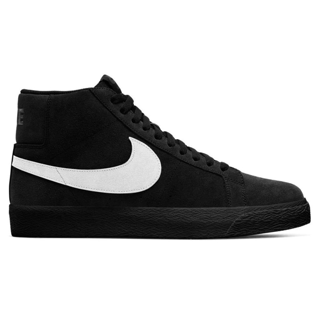 The nike SB BLAZER MID BLACK / WHITE / BLACK is a black high-top skateboarder shoe featuring a white swoosh logo on the side and black rubber soles, complemented by Zoom Air cushioning for ultimate comfort.