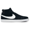 Black high-top sneaker with a white swoosh logo on the side, white rubber sole, and black laces. The heel features the brand name in white letters. This nike NIKE SB BLAZER MID BLACK / WHITE skateboarder shoe also includes Zoom Air cushioning for added comfort.