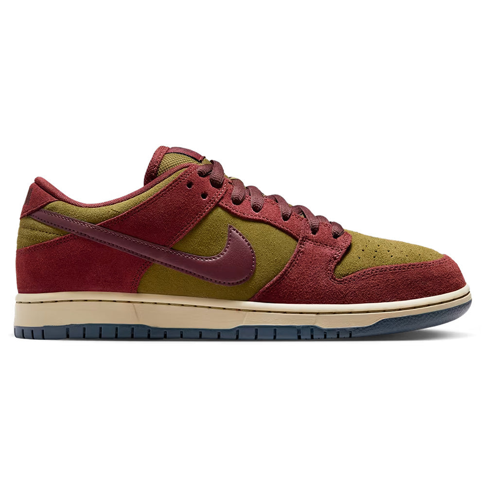 The NIKE SB DUNK LOW PRO DARK TEAM RED / OLIVE FLAK by Nike features Dark Team Red and Olive Flak suede panels, a maroon Swoosh, beige midsole, and dark gray outsole.