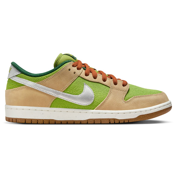 A NIKE SB DUNK LOW PRO WC "ESCARGOT" SESAME / METALLIC SILVER-PEAR sneaker in green, beige, and brown with a white sole, orange laces, and a silver Nike swoosh logo. It features durable traction and Air Zoom cushioning for added comfort and performance.