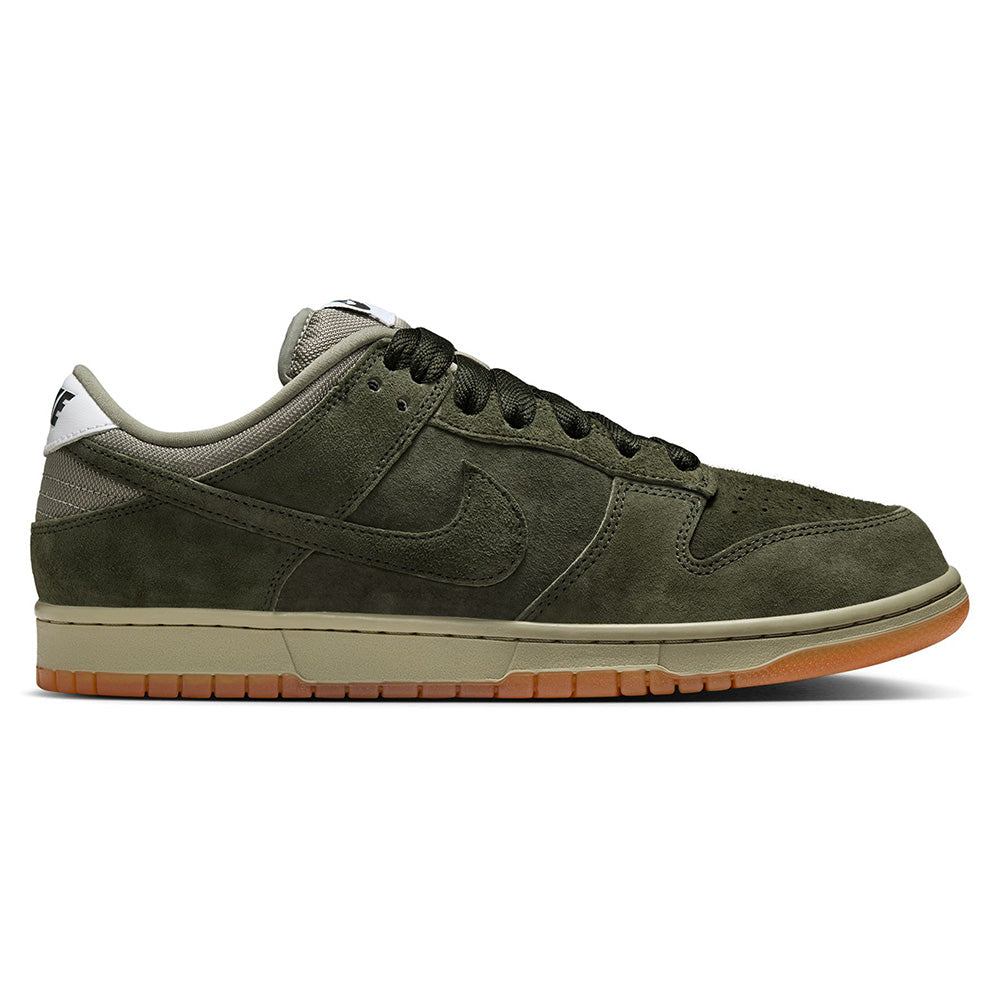 A side view of the nike NIKE SB DUNK LOW PRO B in Sequoia/Sequoia-Light Army-White, featuring olive green suede, a gum rubber sole, white heel and tongue accents, and Pale Ivory nubuck details.