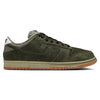 A side view of the nike NIKE SB DUNK LOW PRO B in Sequoia/Sequoia-Light Army-White, featuring olive green suede, a gum rubber sole, white heel and tongue accents, and Pale Ivory nubuck details.