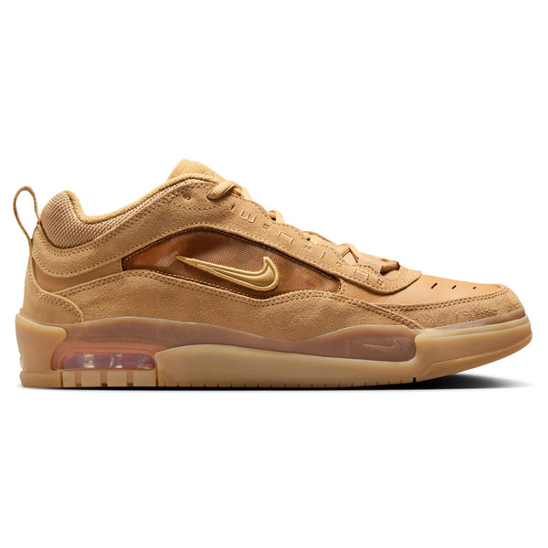 A Nike SB Ishod 2 Air Max sneaker in the Flax / Wheat-Flax-Safety Orange colorway, featuring visible Max Air cushioning in the sole for superior comfort, with mesh and suede accents for enhanced skate durability, and a bold gold swoosh logo on the side.