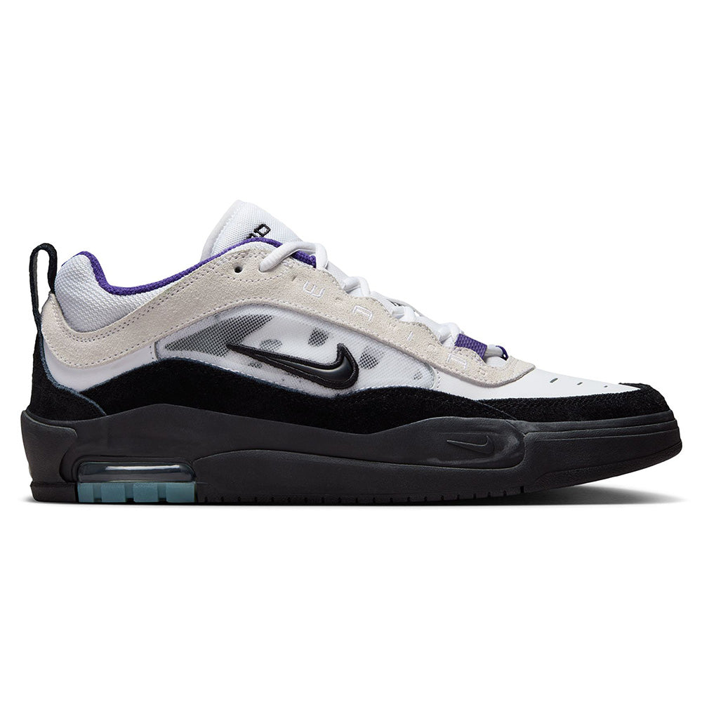 The NIKE SB ISHOD 2 AIR MAX in white, black, and court purple features a mesh upper, suede overlays, beige accents, black sole, and Nike swoosh—combining timeless style with modern skateboarding design.