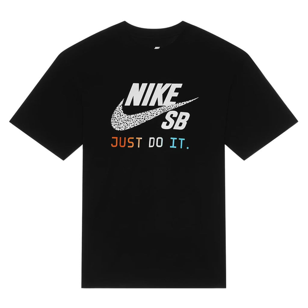 The NIKE SB JUST DO IT SKATE TEE BLACK is a black T-shirt featuring a Nike SB logo and the iconic "Just Do It." text in white, orange, and blue, celebrating Team USA skateboarding.