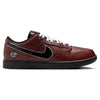 The NIKE SB x Limo Dunk Low Pro in Dark Pony/Black-Silver-White features football-textured brown leather, custom white laces, a black Swoosh, black sole, and a small round logo near the heel.