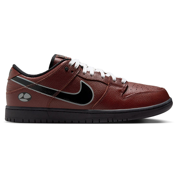 The NIKE SB x Limo Dunk Low Pro in Dark Pony/Black-Silver-White features football-textured brown leather, custom white laces, a black Swoosh, black sole, and a small round logo near the heel.