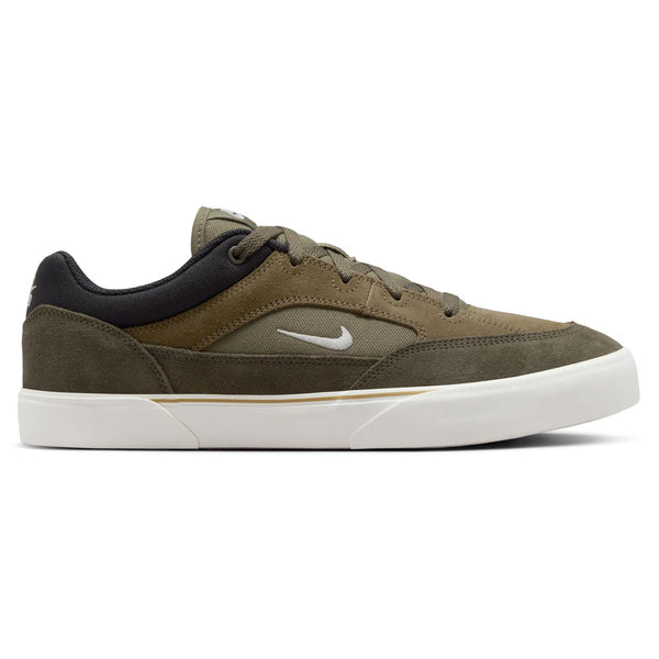 Description: The NIKE SB MALOR in Medium Olive, Sail-Cargo Khaki, and Black features an olive green and black suede design with a white sole and swoosh logo on the side. This low-top sneaker by Nike has a lace-up design and is ideal for skateboarding.