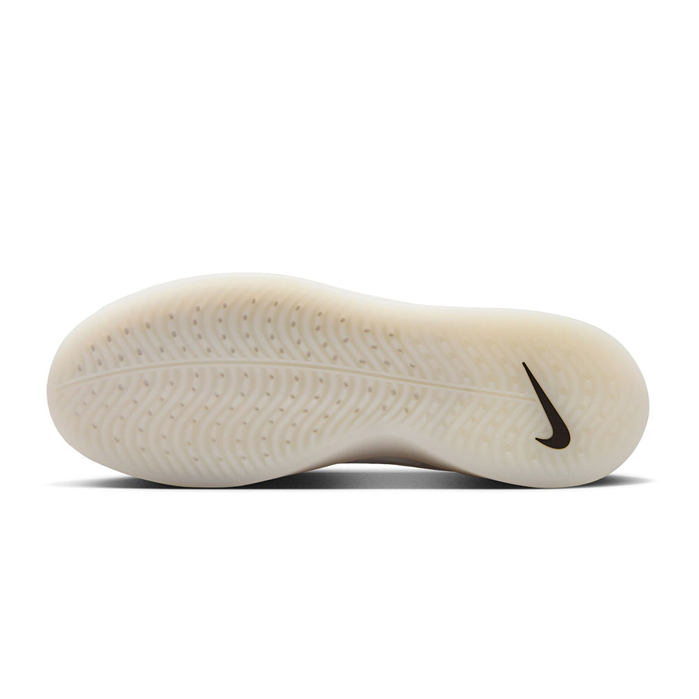 The image displays the outsole of the NIKE SB NYJAH 4 WHITE / BLACK-WHITE-BLACK skate shoe by nike, featuring a translucent, wavy tread and a black Swoosh logo for lightweight durability.