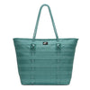 The NIKE RPM Tote (26L) in Denim Turquoise/Black/Summit White features two shoulder straps, a front black Nike logo tag, and is crafted from recycled polyester—ideal as a stylish laptop tote.